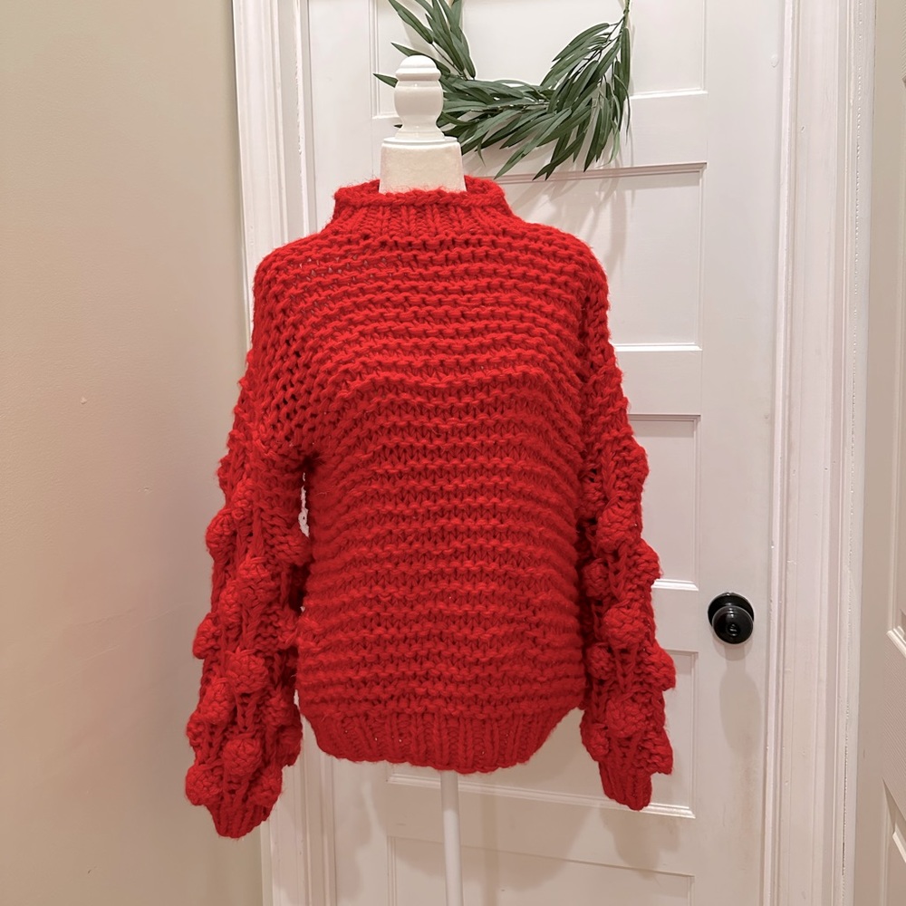 Haute Rogue Oversized Bubble Sleeve Heavy Crochet Mock Neck Sweater